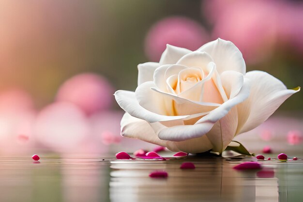 A white rose lies on a table with pink petals on it.