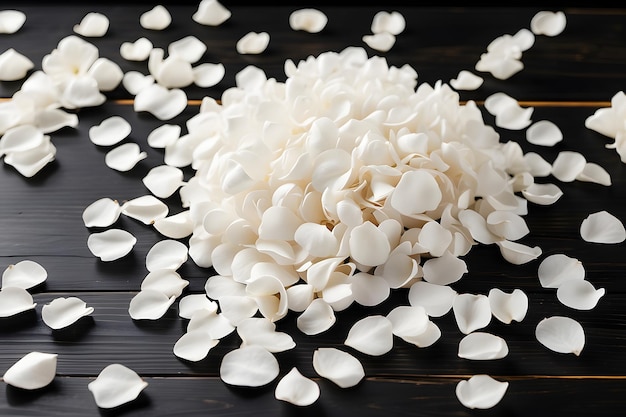 Photo white rose petals on black wooden background