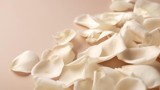 パステル ベージュの背景のクローズ アップ ポスター テンプレートに白いバラの花びら