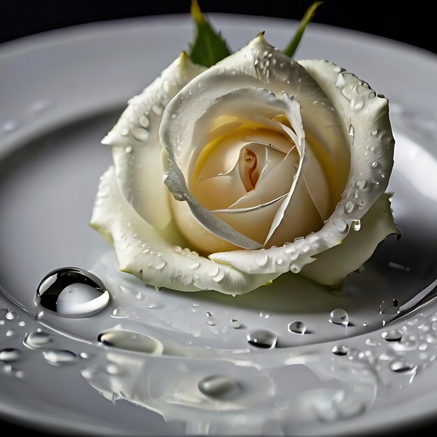 Белая роза на тарелке с каплями воды, генерируемыми ИИ