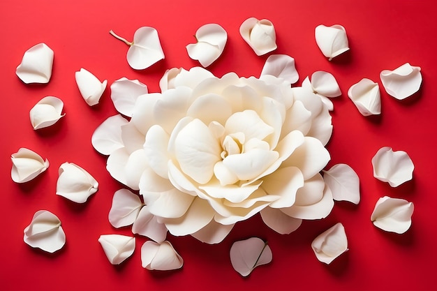 Photo white rose and rose petals on red romantic background