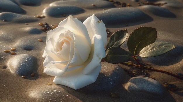 A white rose sits on a pebble beach in the eveninggenerative ai