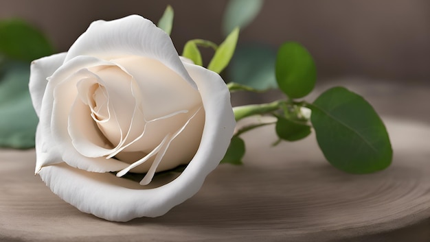 A white rose sits on a table with a green leaf on it.