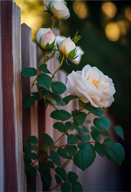 White rose sitting on top of a wooden fence generative ai