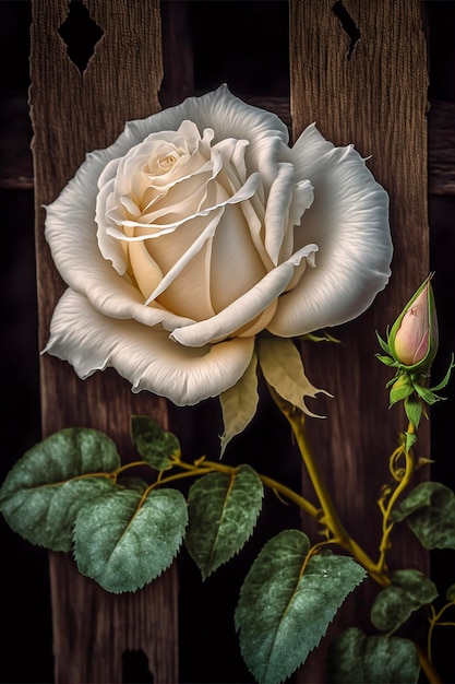 White rose sitting on top of a wooden fence generative ai