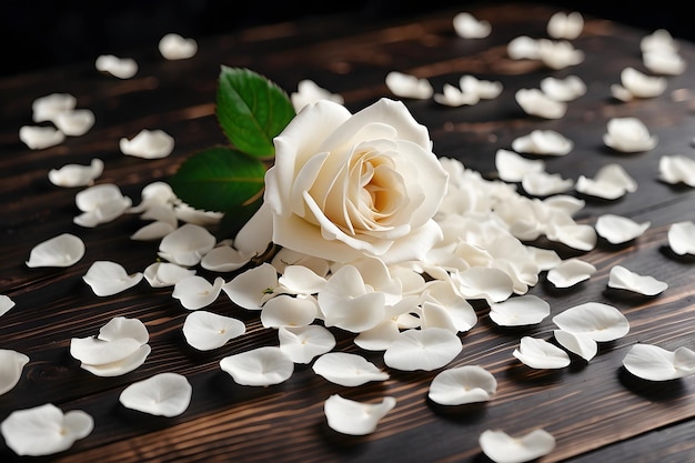 Photo white rose and white rose petals on black wooden background