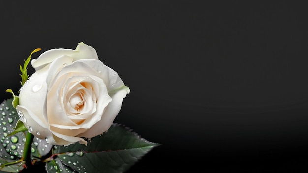 White Rose with Droplets isolated on Black Background Banner Copy Space