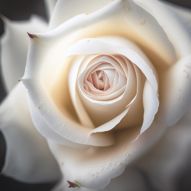 A white rose with pink petals and a black background.