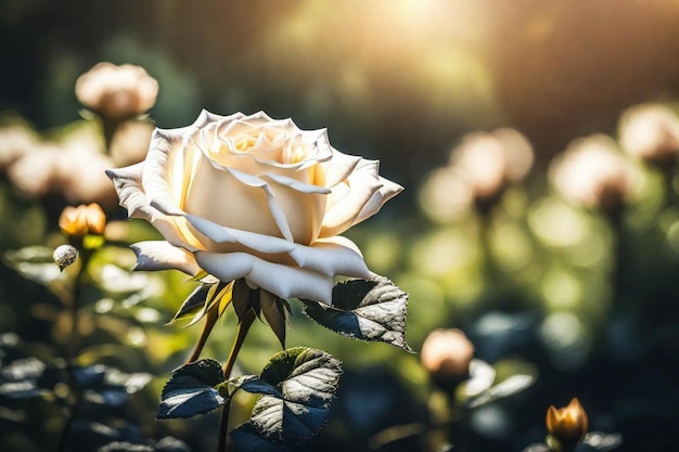 a white rose with the sun behind it