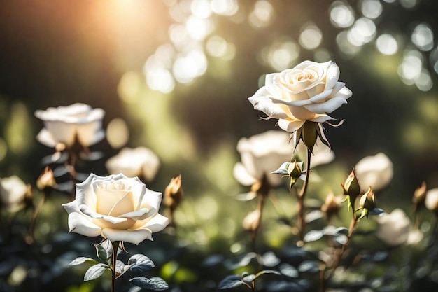 a white rose with the sun behind it