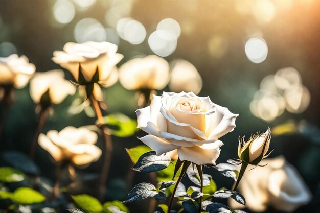 a white rose with the sun behind it