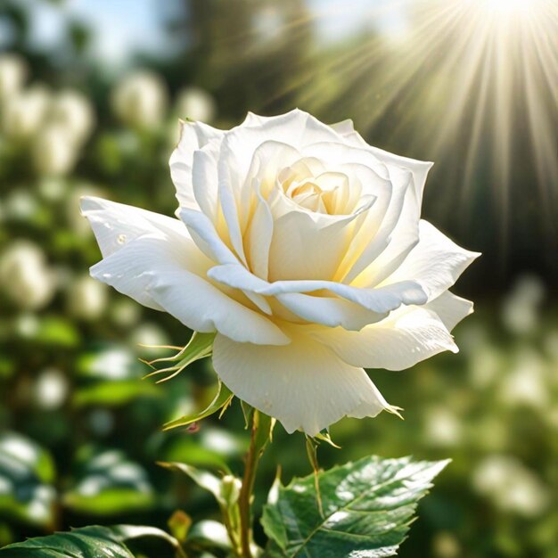 白いバラの後ろに太陽が輝いている
