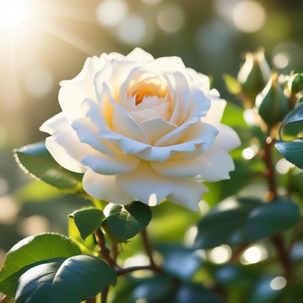 a white rose with the sun shining through it