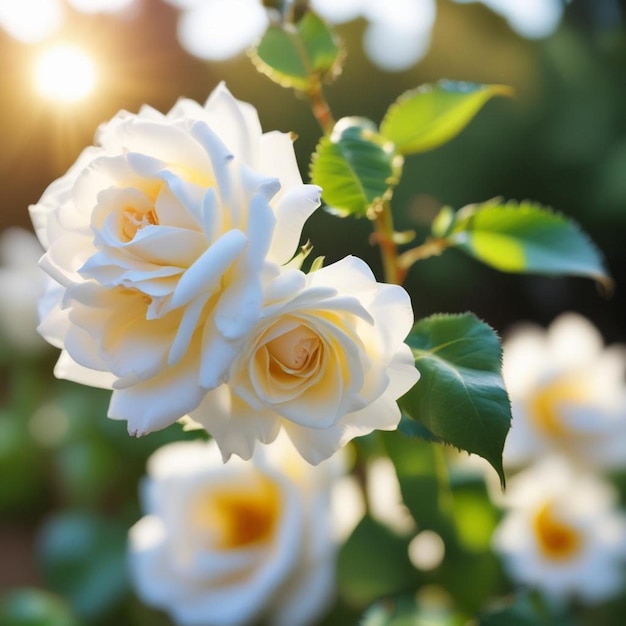 a white rose with the yellow center is shown in the middle