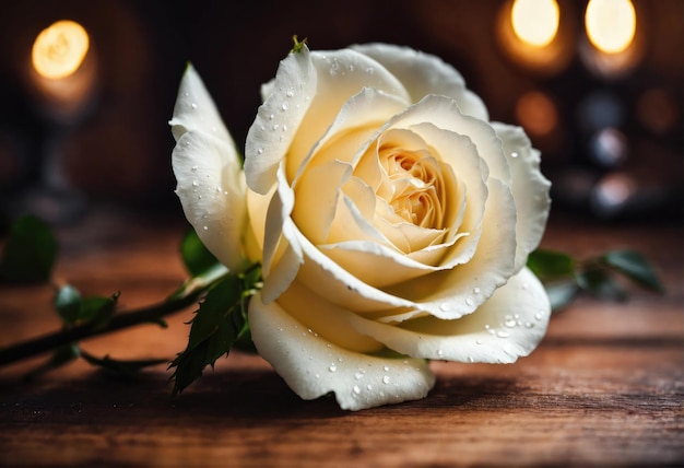 木製の背景の白いバラのバレンタインデープレゼント