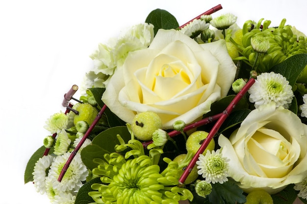 White roses and an assortment of flowers closeup. Valentine's Day