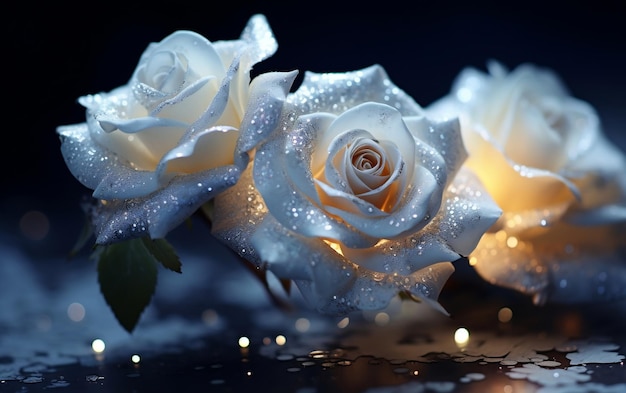 White Roses on Black Background with Bokeh Generative Ai