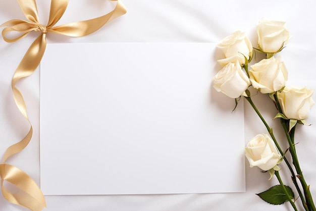 White roses and blank card on white background