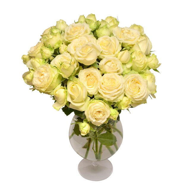 白い背景で隔離の花瓶の白いバラの花束。フラットレイ、上面図。愛。バレンタイン・デー