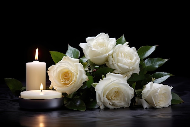 White roses and candle on black tablecloth as a symbol of mourning