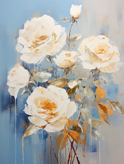 White roses flowers on abstract blue background in oil painting style wall art poster