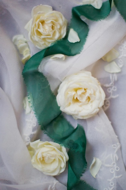 흰 장미와 녹색 실크 리본