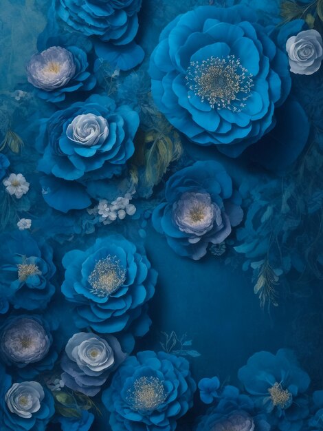 White roses inside in water on a blue background flowers under the water with acrylic blue paints