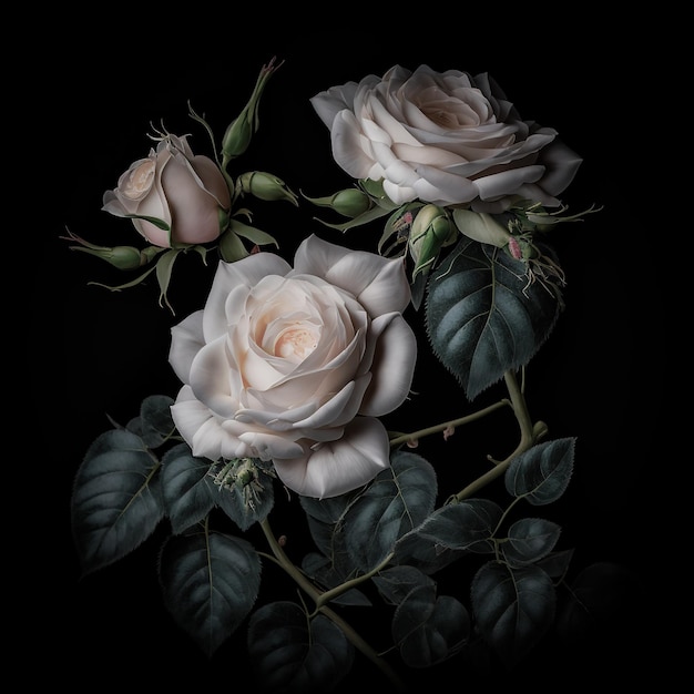 White roses isolated on black solid background