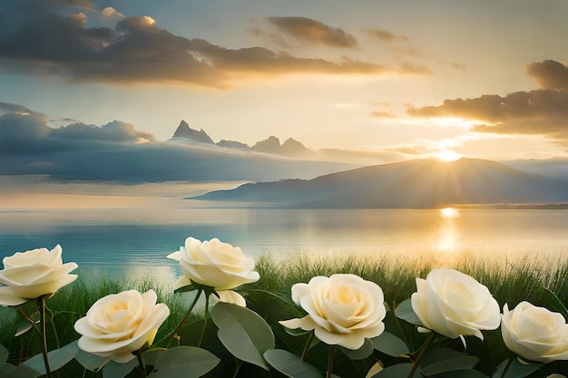 white roses on the lake with mountains in the background