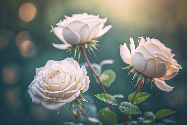 white roses on natural blurred background in a garden in the morning time copy space