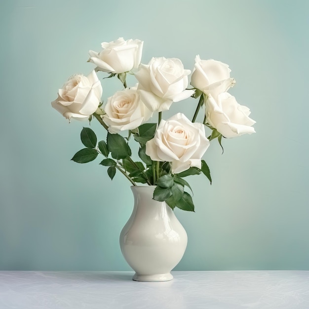 white roses on pastel mint green background