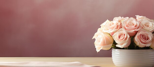 White roses in a pink vase on a wooden table in an empty interior with a pastel cloth