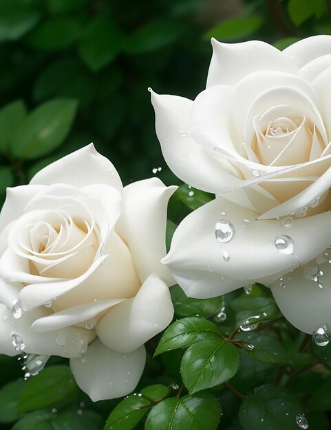Белые розы с множеством капель росы по утрам, созданные ИИ