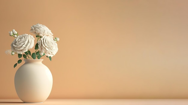 white roses with minimalist background on a vase with empty copy spaces for copy text,