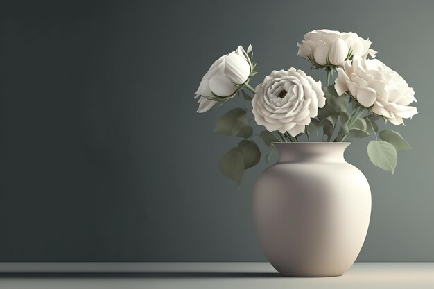 white roses with minimalist background on a vase with empty copy spaces for copy text,