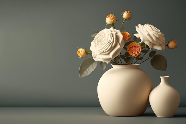 white roses with minimalist background on a vase with empty copy spaces for copy text,