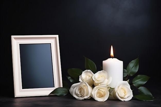 Фото Белые розы с лентой и рамкой для фотографии на черном фоне концепция похорон