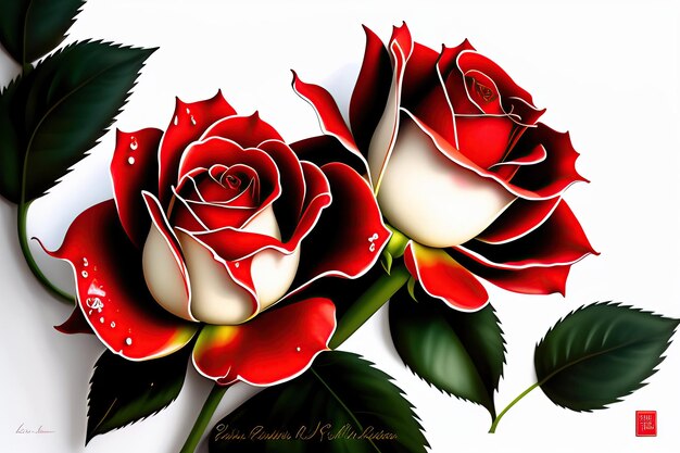 White roses with splashes of red liquid on a white background digital art