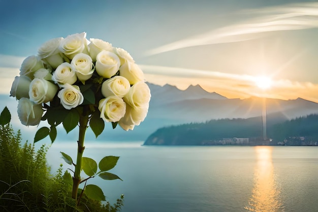 white roses with the sun behind them