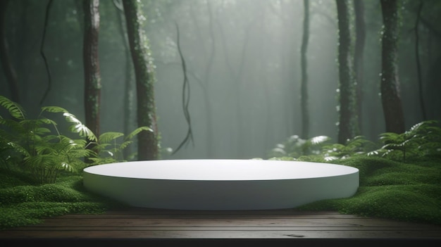 Photo a white round bathtub in a forest with trees in the background.