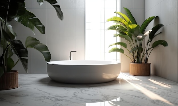 Фото Белый круглый керамический столик возле ванны, роскошный дизайн, генерация искусственного интеллекта для ванной комнаты
