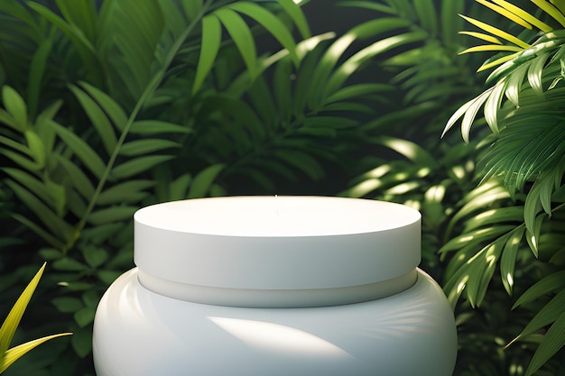 A white round container with a white lid sits in front of a green leafy background.