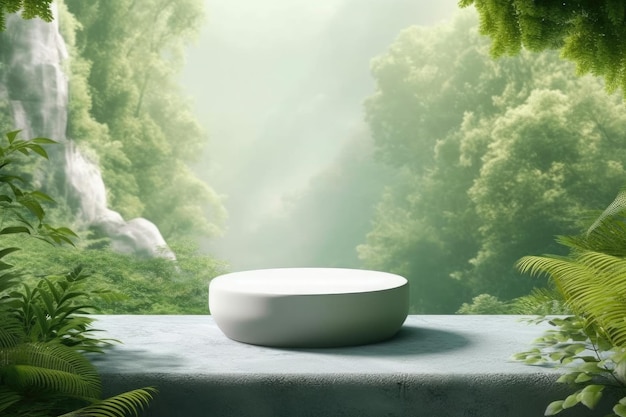 A white round device sits on a table in front of a jungle background