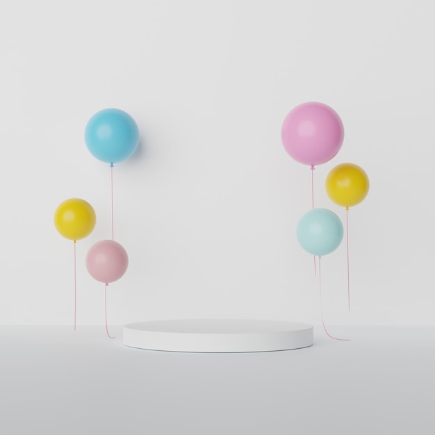 Фото Белый круглый дисплей и красочные воздушные шары с пустым пространством.