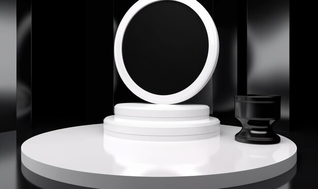 A white round display stand with a black background and a black mirror on it.