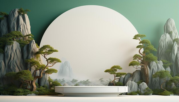 White round flat podium product display minimalist chinese background wall