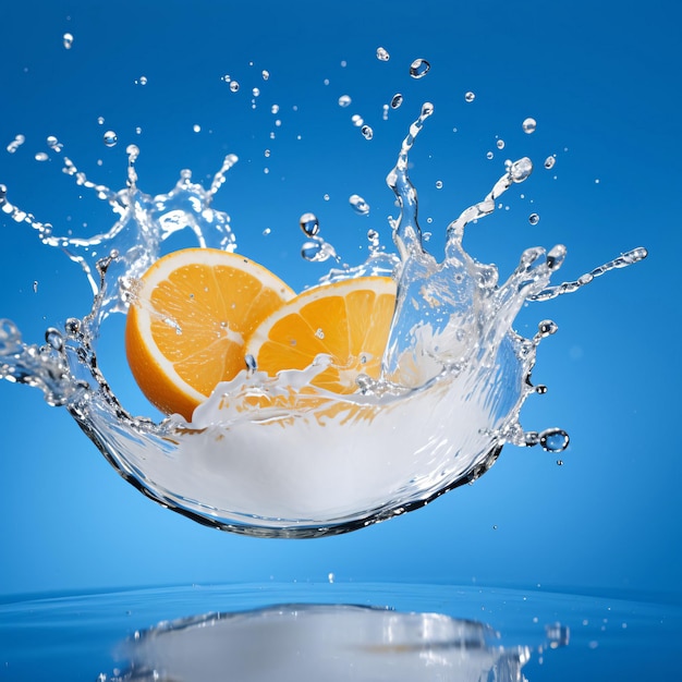 white round liquid splash on blue background with orange