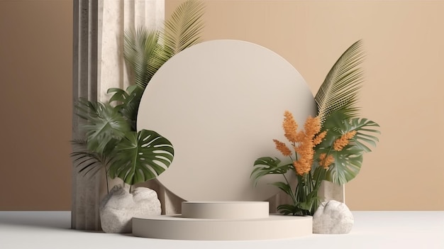 Белый круглый предмет с зеленым растением посередине стоит на белом столе.
