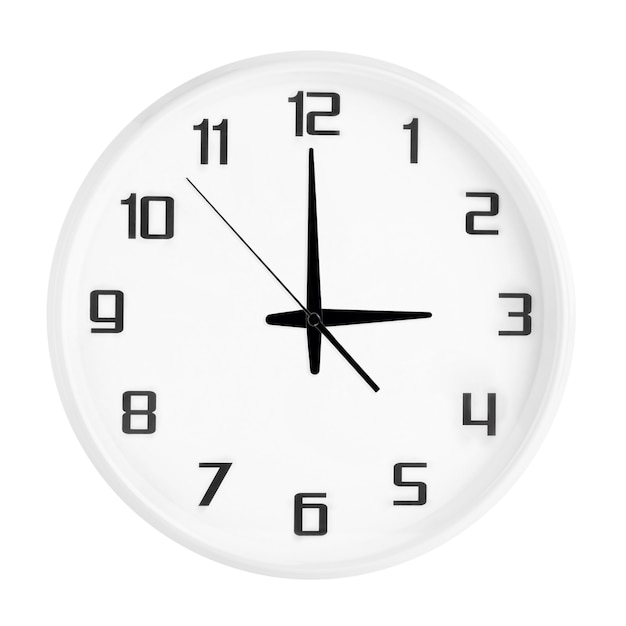 Photo white round office clock showing three o'clock isolated on white. blank white clock showing 3 pm or 3 am time