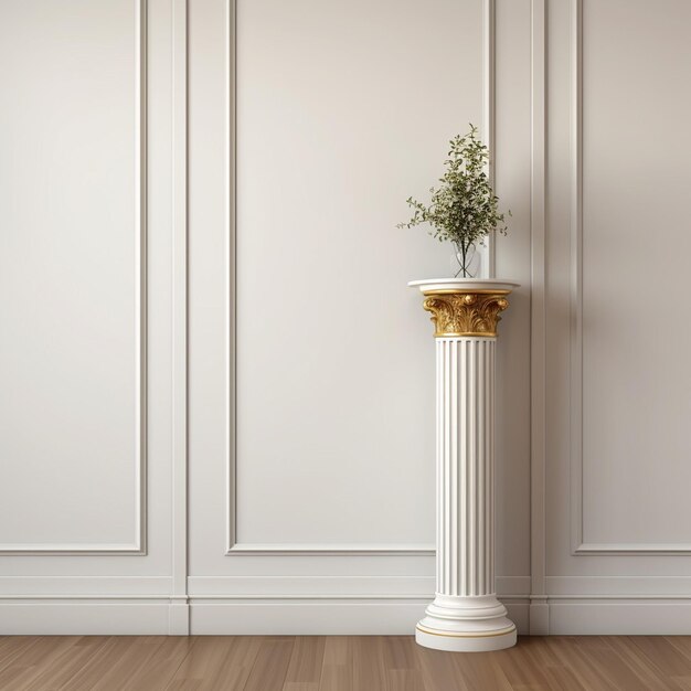 White round pedestal in corner of room